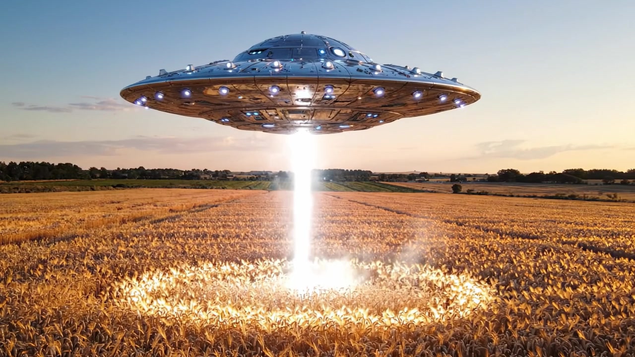 En mystisk UFO daler ned over en gyllen hveteåker, og lyser opp landskapet med en strålende lysstråle, og fanger et uforglemmelig øyeblikk av utenomjordisk undring