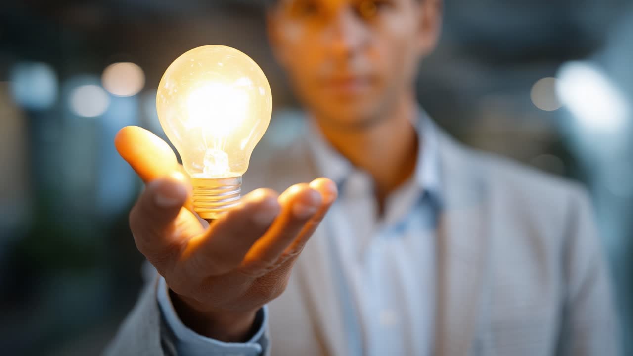 A person holding a glowing light bulb with an illuminated filament, symbolizing creativity, innovation, and inspiration, in a blurred background representing possibilities