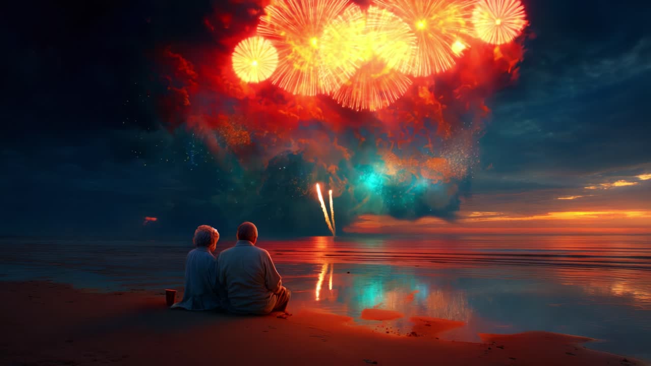 A Serene Beachside Celebration: An Elderly Couple Enjoys a Spectacular Fireworks Display Against a Dramatic Sunset Sky, Creating An Enchanting Evening Atmosphere by the Water