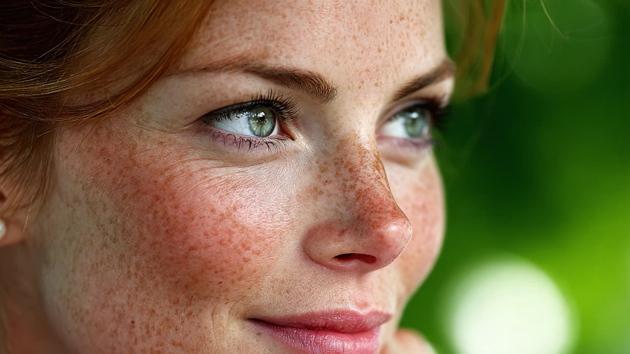 Close-up Portrait of a Woman with Freckles and Captivating Green Eyes, Highlighting Natural Beauty and Soft Features in a Serene Outdoor Setting