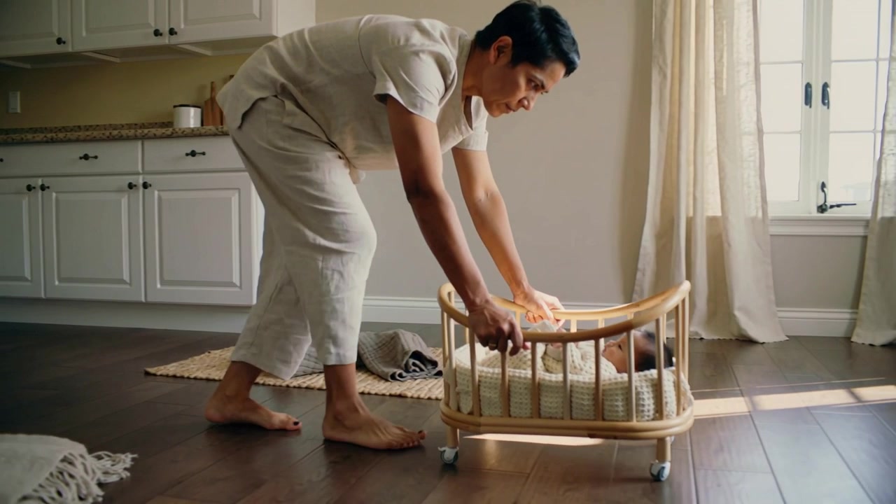 Entering barefoot caregiver wearing linen pushing wheeled bassinet across kitchen floor