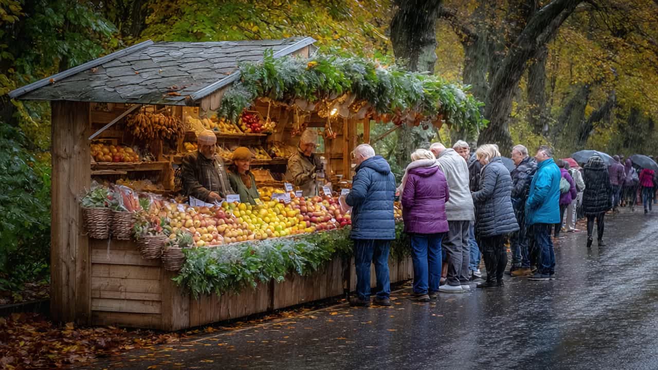A Bustling Autumn Farmers Market: Vibrant Stall Filled with Fresh Fruits and Vegetables Amidst Colorful Fall Foliage and Engaged Customers Under Umbrellas