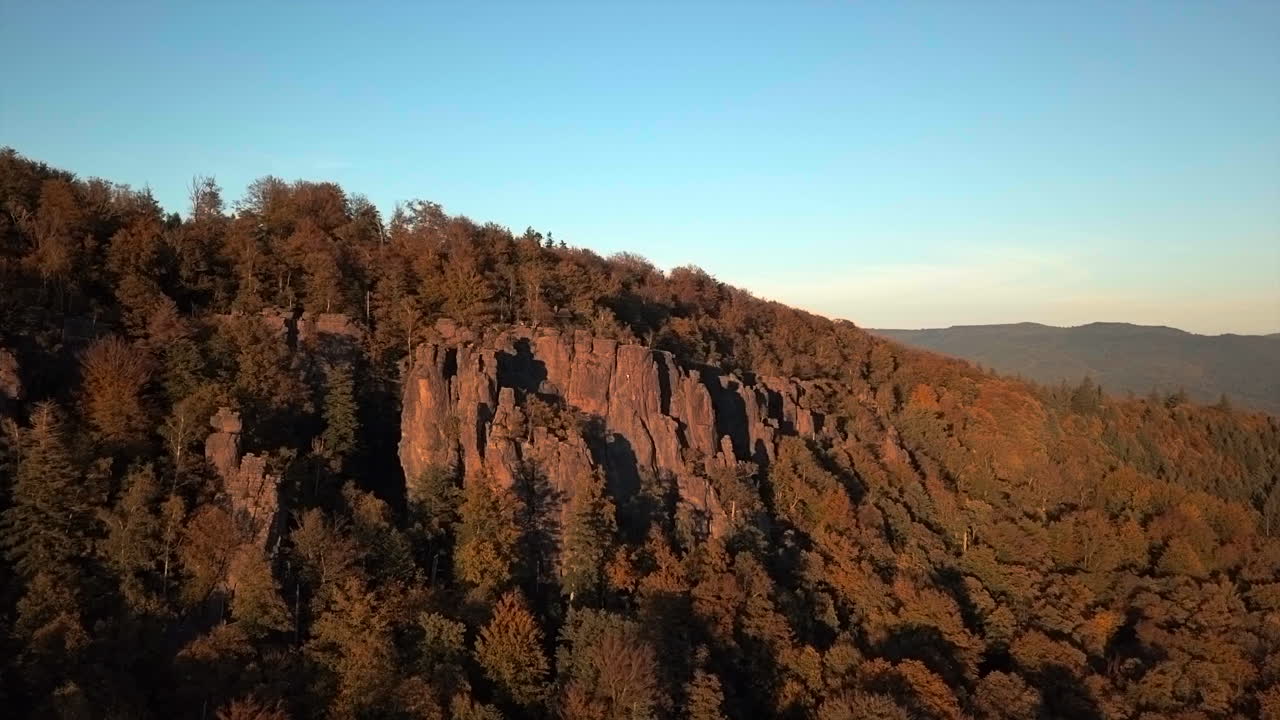 Aerial View of Autumnal Forest with Dramatic Rock Formations