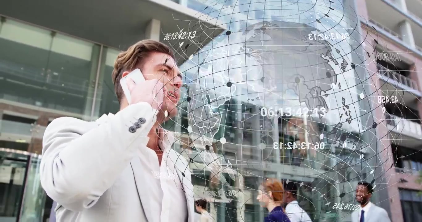 Ein Mann im Anzug telefoniert, wodurch ein wachsender Globus und Daten, die den Rahmen überlagern, erscheinen und Geschäftsbeziehungen zeigen.