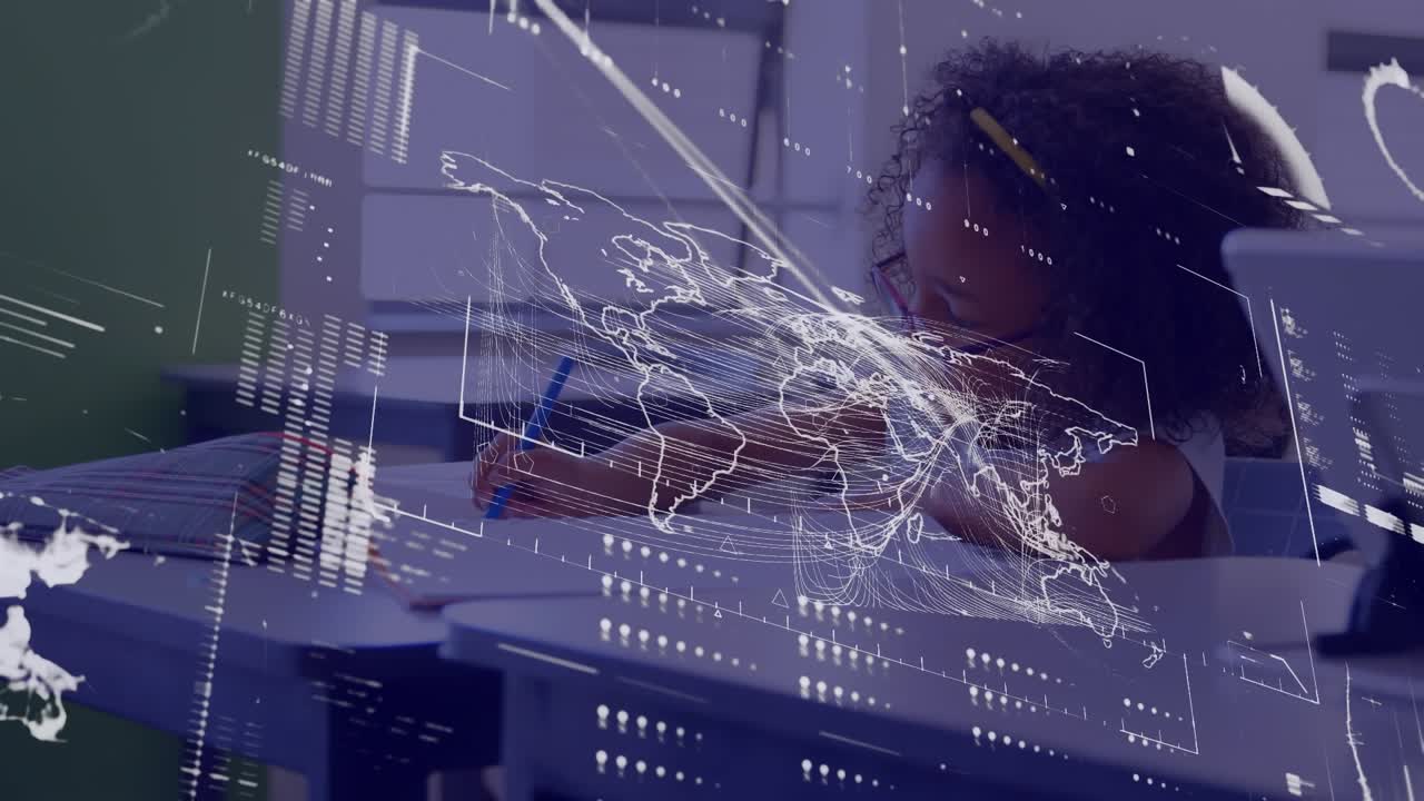 Animation of data processing over african american schoolgirl in classroom