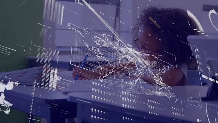 Animation of data processing over african american schoolgirl in classroom