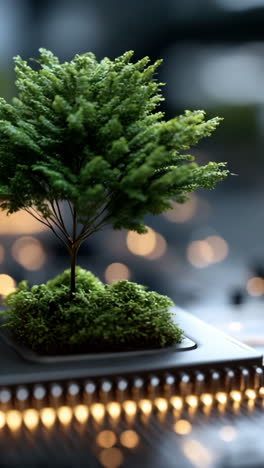 green tree growing on a computer chip. a lush green tree emerges from a microchip, symbolizing nature's resilience in a tech-dominated world.
