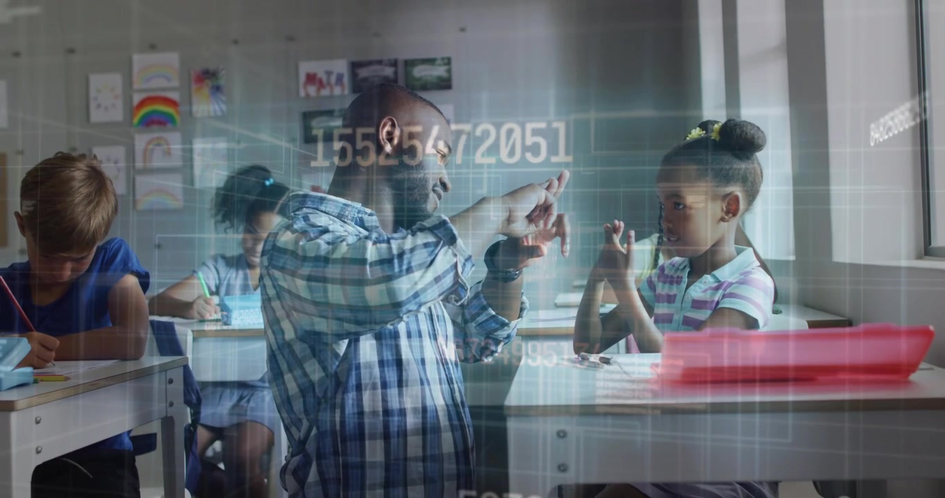 Vertical video: Teacher guiding pupil copying finger move, data overlay on hands for education
