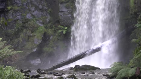 Bottom-of-flowing-waterfall-into-stream-and-landing-on-log-in-rainforest