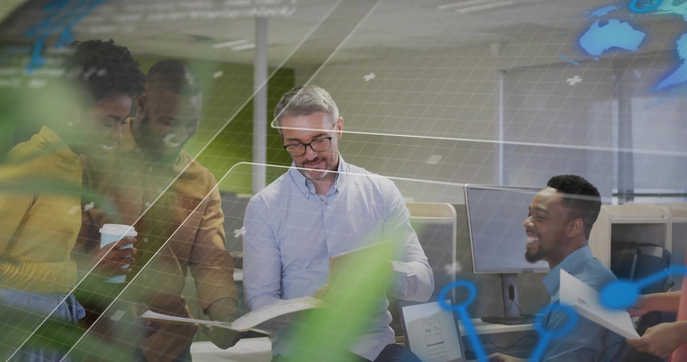 woman pointing graph finance team flipping pages analyzing data as digital charts rising