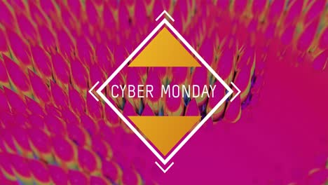 Animación-Del-Texto-Del-Cyber-Monday-En-Un-Marco-De-Diamante-Amarillo-Sobre-Un-Vibrante-Trazo-De-Luz-Rosa-A-Verde-Giratorio.