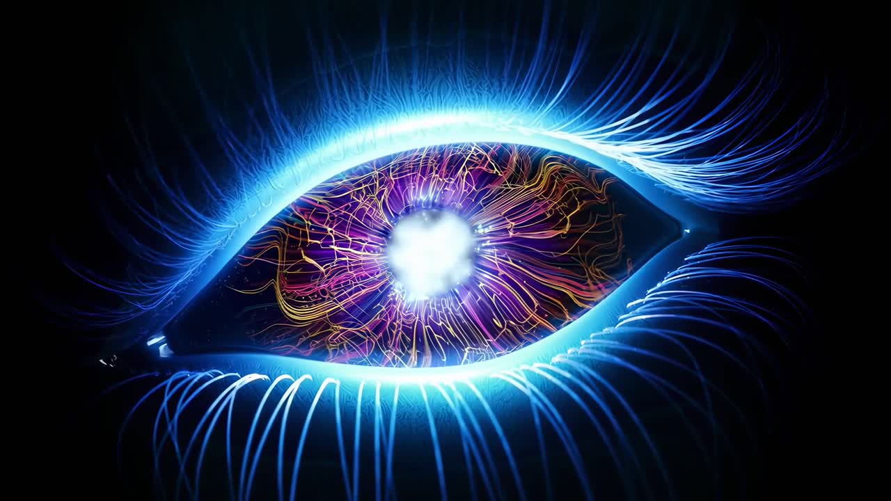 Close-up of a vibrant, glowing eye with neon colors, perfect for a sci-fi video theme