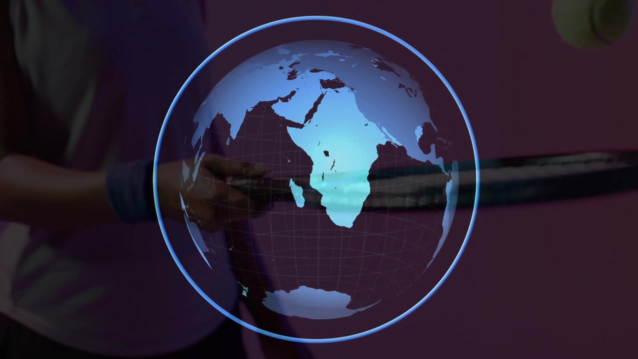 Tennis Player Holding Racket with Rotating Digital Globe Overlay