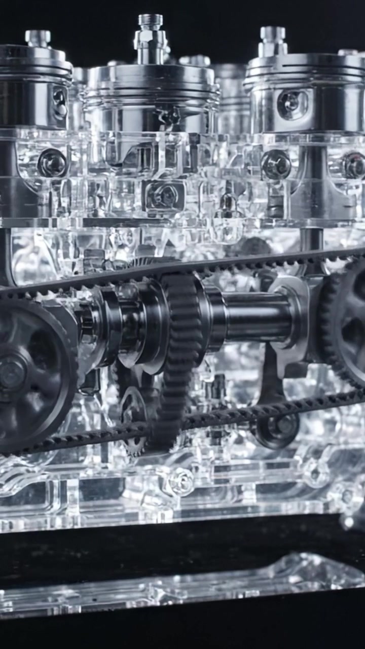 An Exquisite Showcase of a Transparent Engine Mechanism, Highlighting the Intricate Details of Its Gears, Pistons, and Overall Design in Stunning Clarity