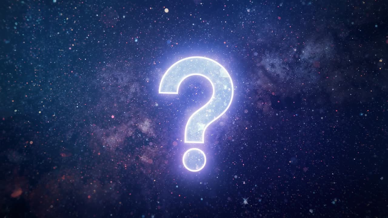 Appearing luminous question mark emitting gentle pulsing glow in deep space, evoking cosmic mystery