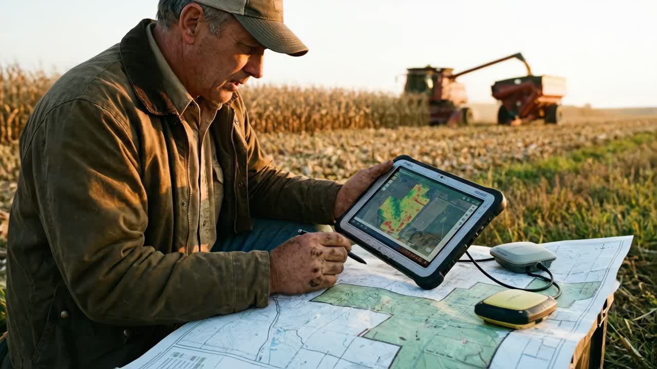 Agricultor usando tablet e GPS para agricultura de precisão em plantação de milho