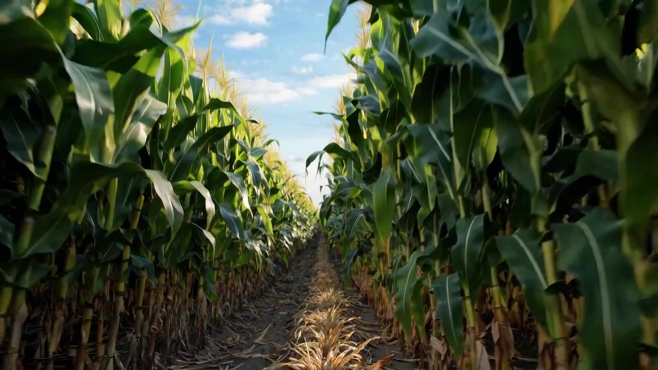Moving Through a Lush Green Cornfield on a Sunny Day