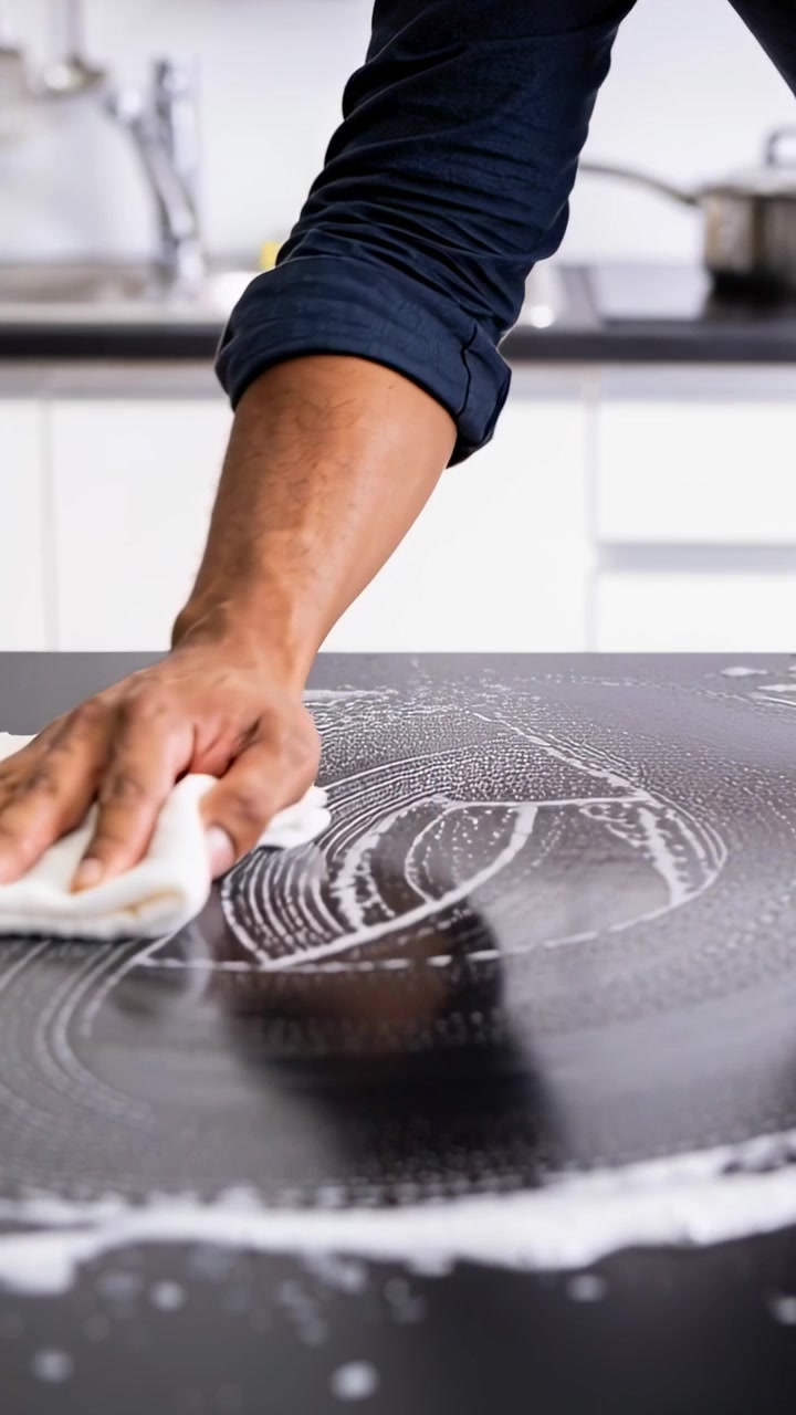 Vertical video: Placing white rag, hand in navy sleeves scrubbing cooktop in kitchen removing suds