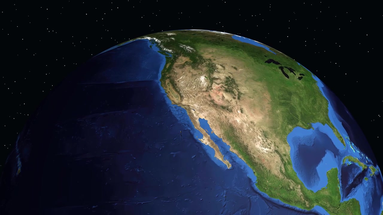 Un globo digitale ruota e si ingrandisce sull'America del Nord, evidenziando Rancho Cucamonga con sovrapposizioni di testo informativo.