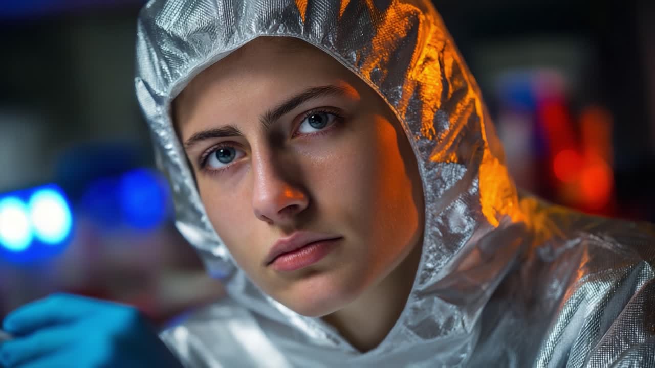 Soustředěný jedinec v reflexním stříbrném ochranném obleku, upřeně hledící modrýma očima, obklopený barevným laboratorním osvětlením ve výzkumném prostředí.
