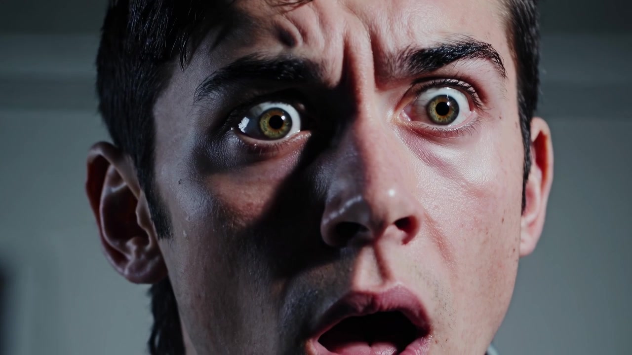Close-up of a Young Man with a Shocked and Terrified Expression