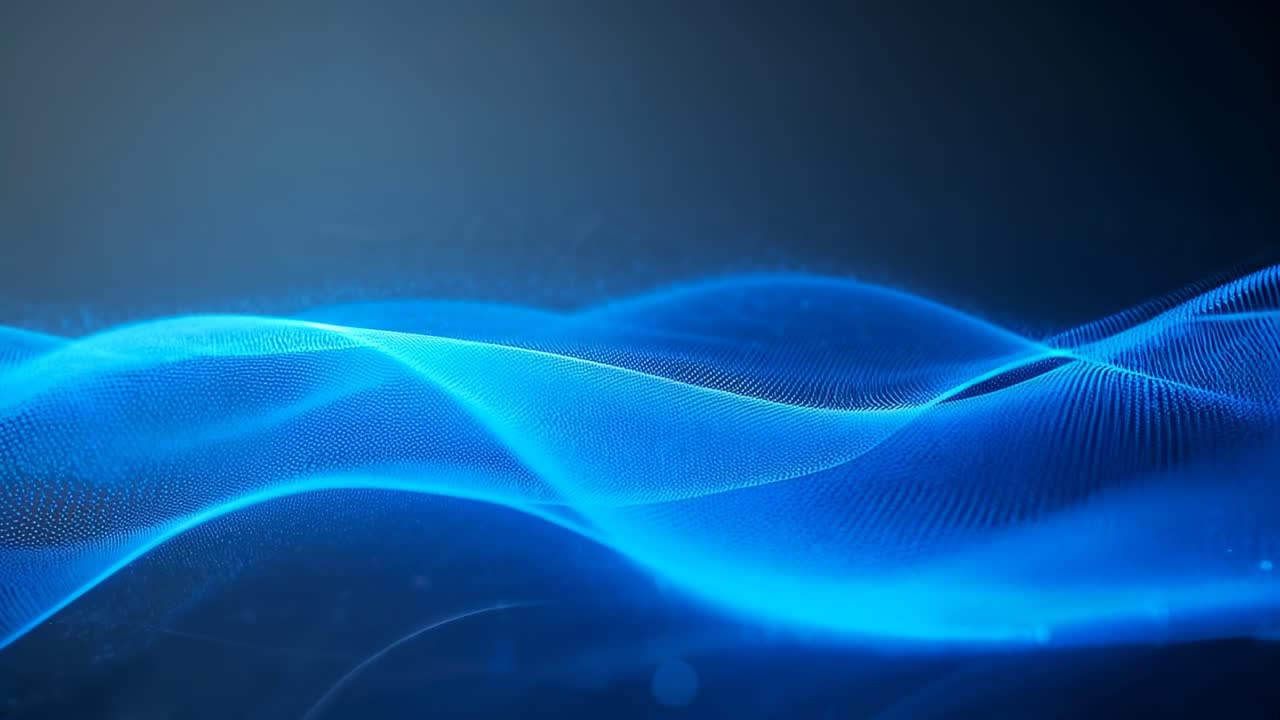 Algorithm moving glowing blue mesh ribbons across dark gradient, showing mesh grid and particles