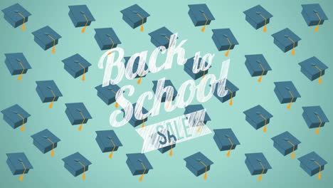 animation of back to school sale text over school items icons on green background