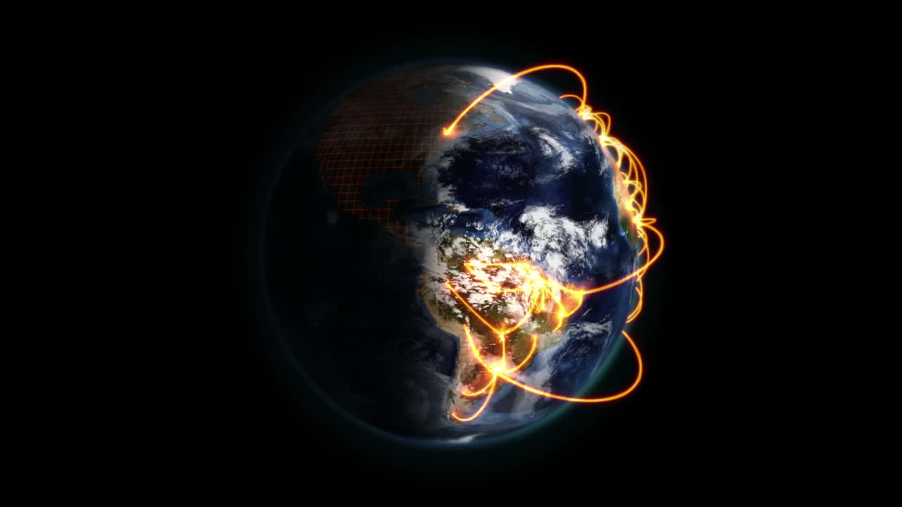 Shaded and cloudy Earth with orange connections in movement with Earth image courtesy of Nasa