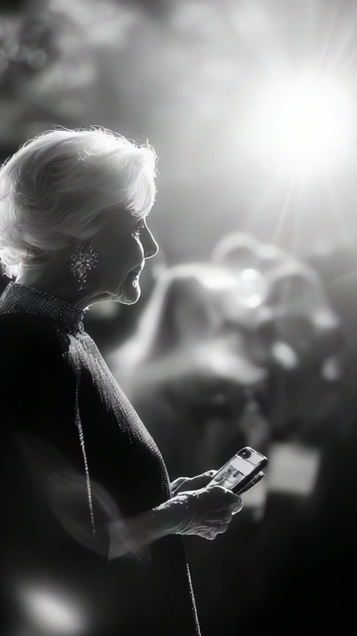 A poised woman in profile holding a smartphone, illuminated by a bright light, capturing a moment of elegance amidst a crowd, showcasing beauty and depth