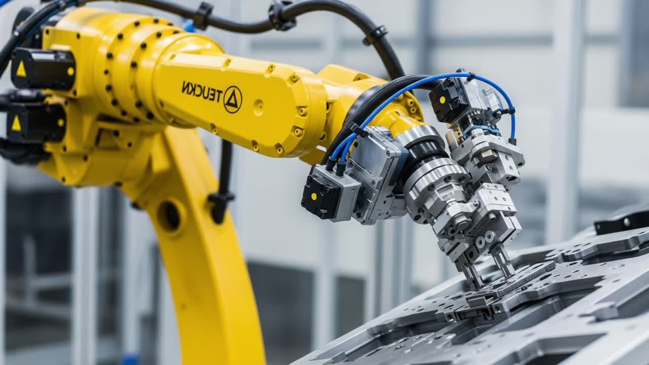 A Precision Robotic Arm Engaged in Skilled Manipulation of a Metal Workpiece, Showcasing Advanced Automation Technologies in an Industrial Setting