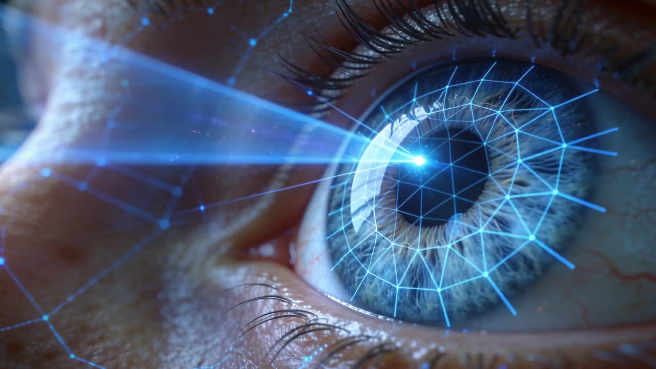Entering left probe emitting blue beam, scanning blue eye undergoing iris mapping at clinic for ID