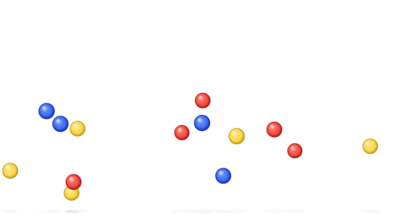 Red, blue, and yellow spheres bounce dynamically across a white studio background with soft shadows.