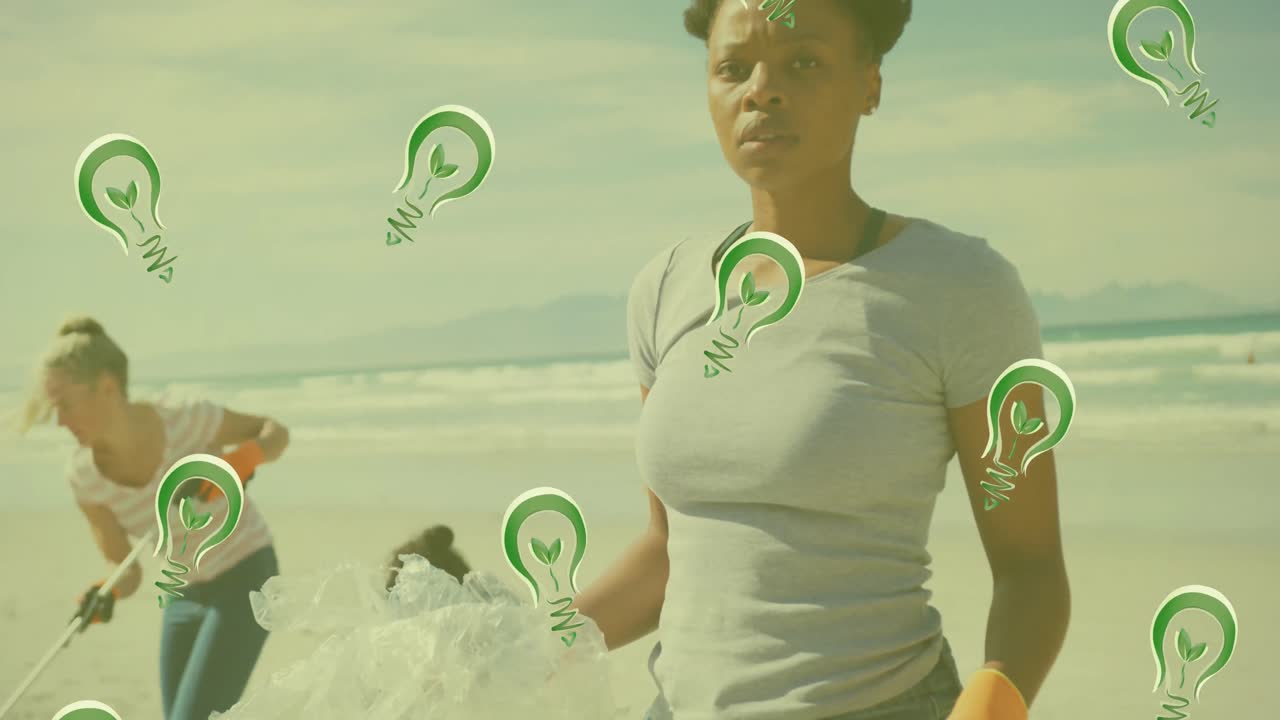 animación de iconos ecológicos sobre diversos voluntarios que segregan los residuos