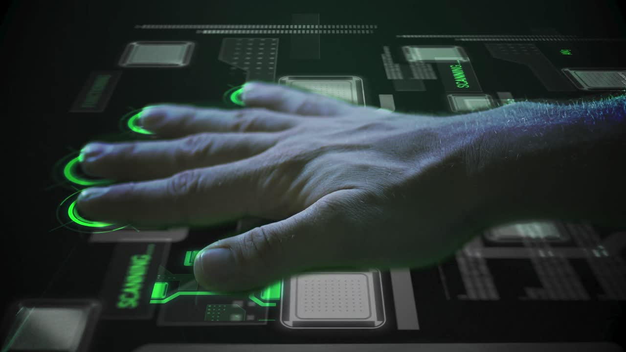 Animation of man's hand touching interactive screen reading fingerprints and data processing