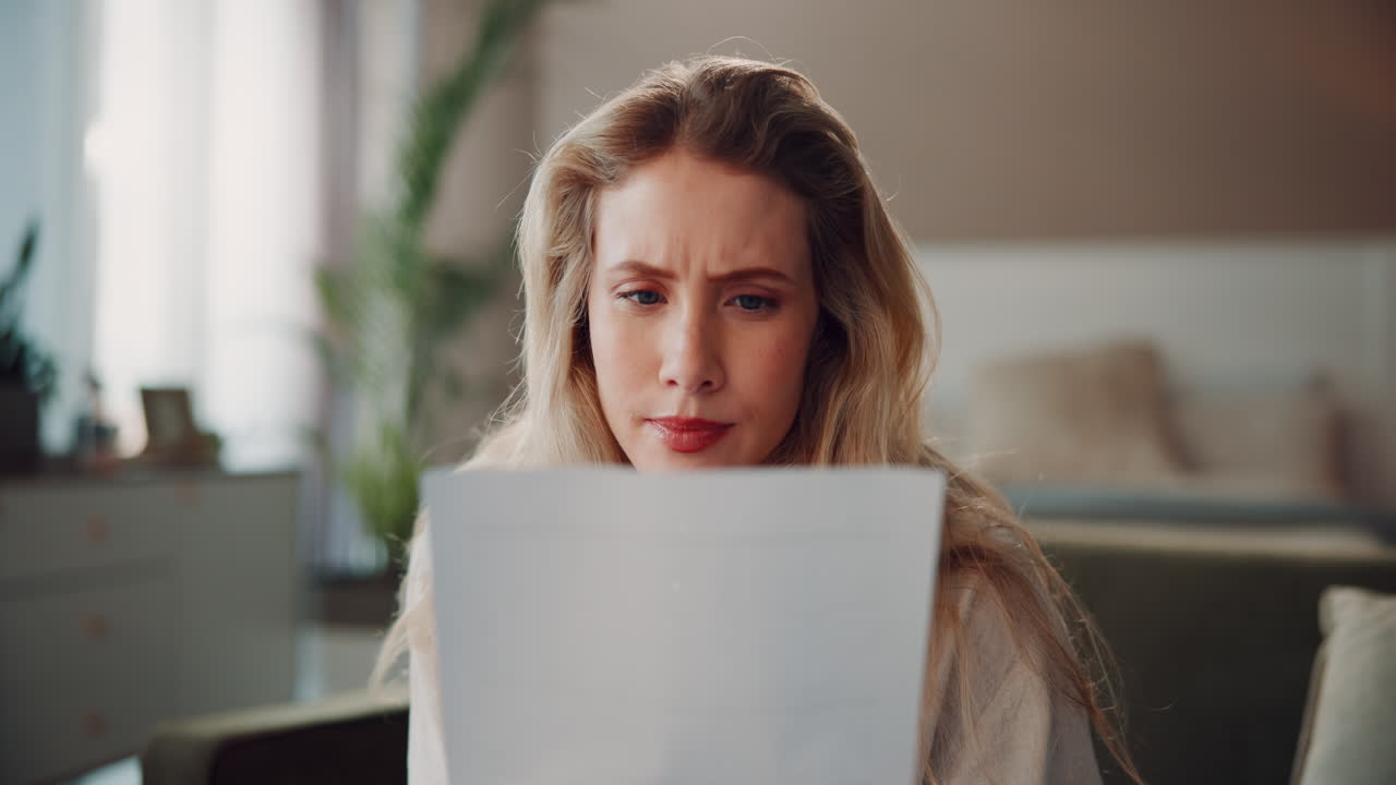 женщина реагирует на бумагу шоком.