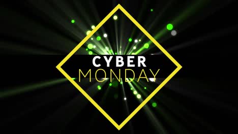 Animación-Digital-Del-Banner-De-Texto-Del-Cyber-Monday-Contra-Puntos-Verdes-De-Luz-Sobre-Fondo-Negro