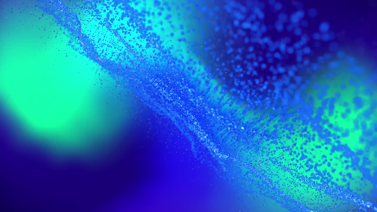 빛나는 녹색과 파란색 불빛 위로 움직이는 파란 입자 네트워크