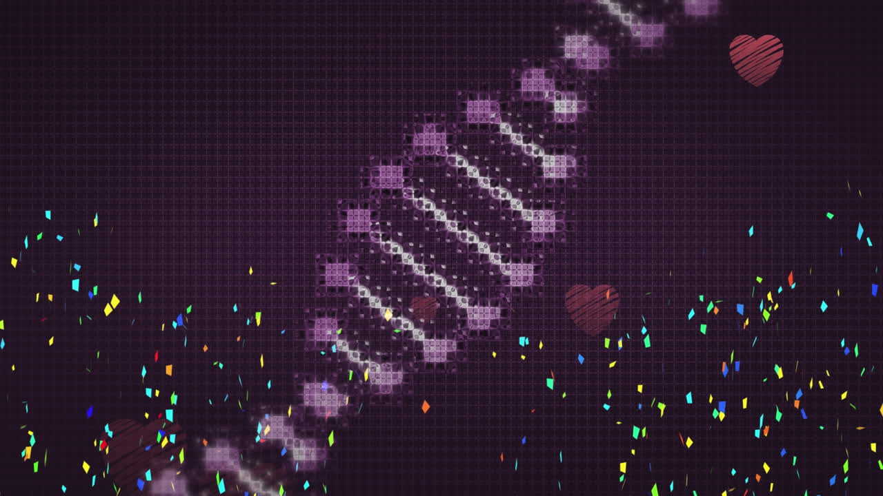 ⁇ 은 심장 아이콘에 대해 회전하는 dna 구조 위에 떨어지는 콘페티의 디지털 애니메이션