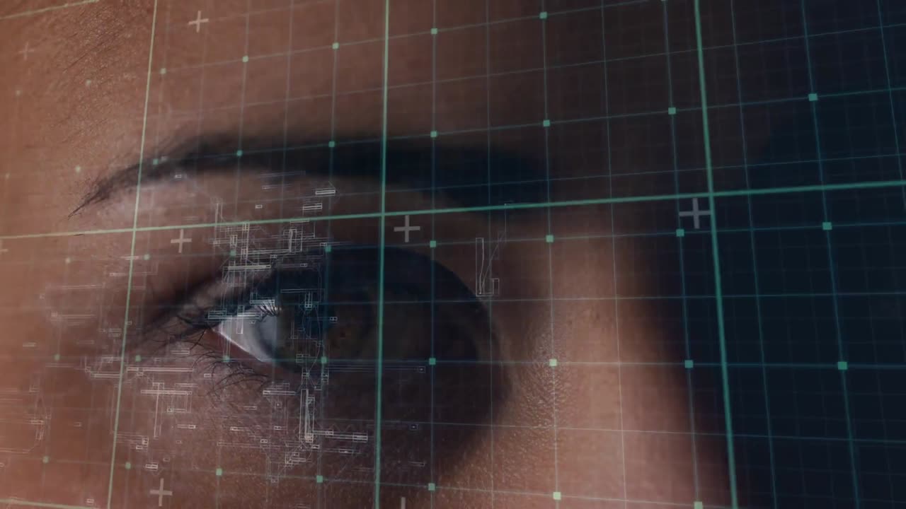 혼성 인종 여성의 눈 위에 데이터 처리의 애니메이션