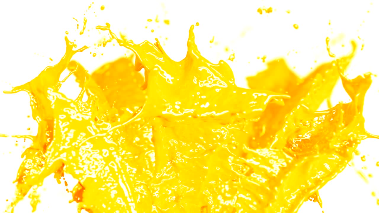 오렌지 주스 스프레이는 느린 동작과 얼어붙은 동작, 녹색 화면, 드롭을 통해 날아가는, 제목과 소개에 유용한, 3d 애니메이션, 음식 및 건강 개념.