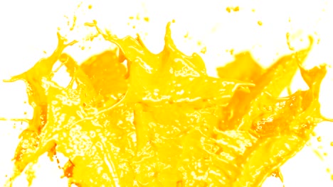 beautiful orange juice splashes in slow motion and freeze motion, green screen. flying through drops. useful for titles and intro. 3d animation food and health concept.