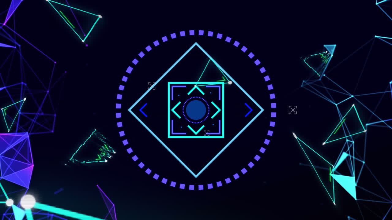 animación de alcance circular y formas geométricas en azul y púrpura moviéndose en negro