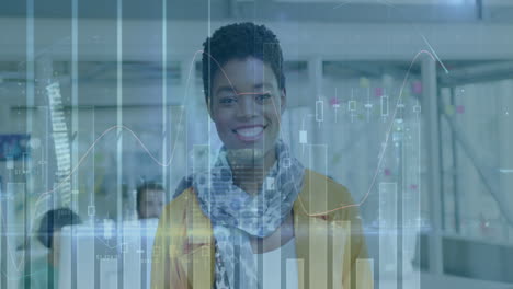 animation of multiple graphs with changing numbers and buildings over smiling biracial woman