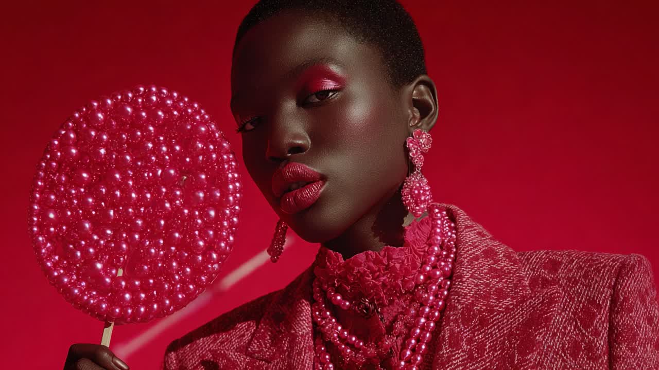 A Captivating Fashion Portrait Against a Vibrant Red Background Featuring Bold Red Makeup, Intricate Jewelry, and Eye-Catching Accessories, Showcasing Modern Beauty and Style