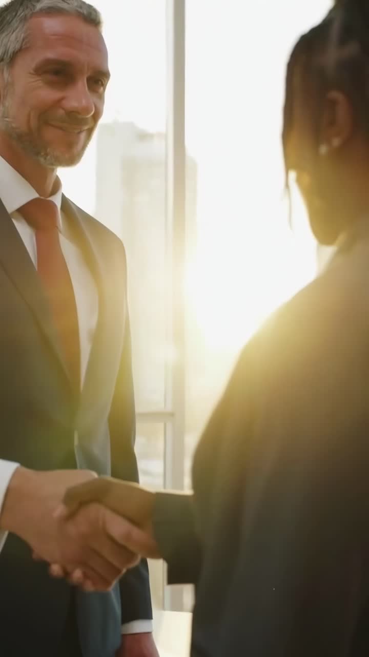 Video i lav engel af forretningsfolk, der giver hånd i et solbeskinnet kontor, som indfanger en professionel aftale