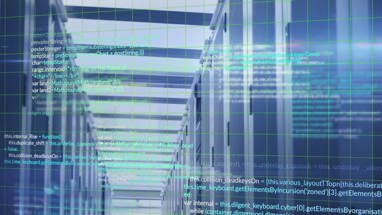 Animation of multicolored computer language over data server room