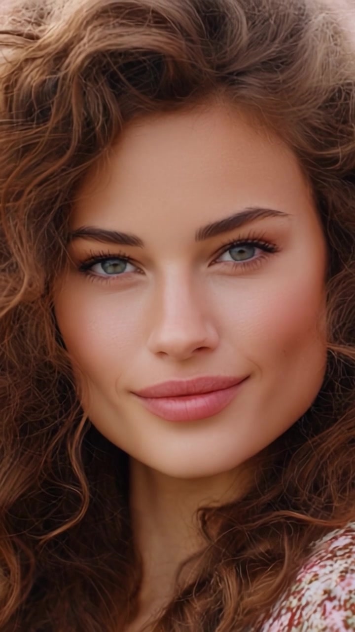 Ritratti ravvicinati accattivanti di una giovane donna con capelli ricci voluminosi e occhi azzurri penetranti, che irradia sicurezza e fascino in una luce naturale soffusa.