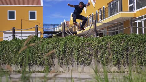 skater ollies over a big gap while traveling