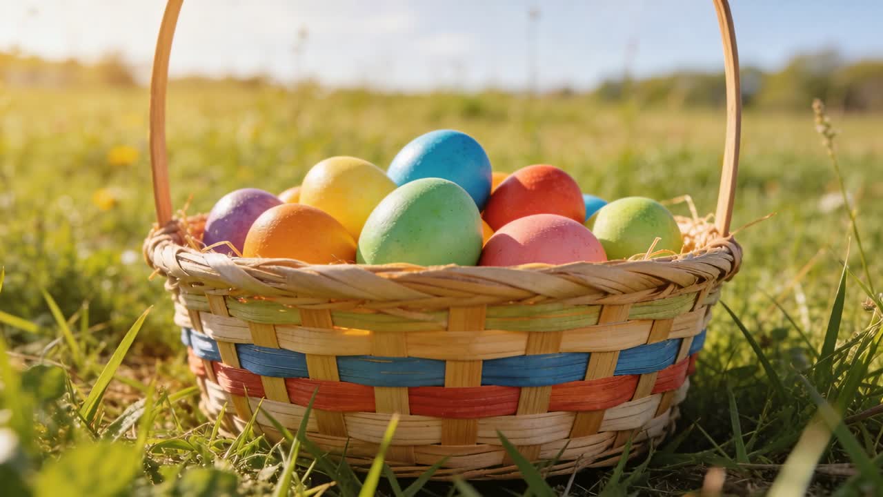 Moving camera from low-angle, zooming in meadow, emphasizing woven striped basket with dyed eggs