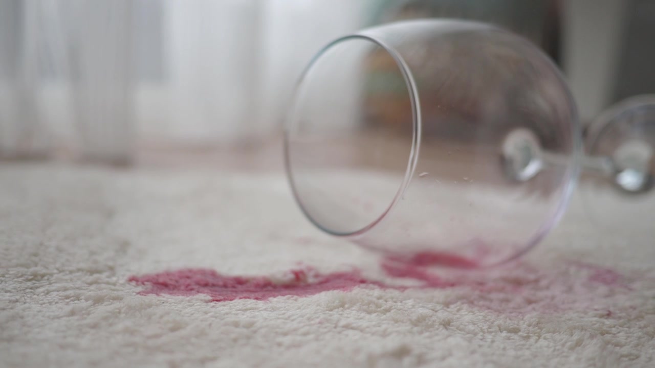 Rødvin sølt fra glass på hvitt teppe